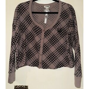 Victoria's Secret PINK Oversized Thermal Cropped Cardigan Top Plaid Brown XS NEW